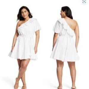 Rhode NWT Women's XXL White Braided Tie Waist One Shoulder Ruffled Mini Dress